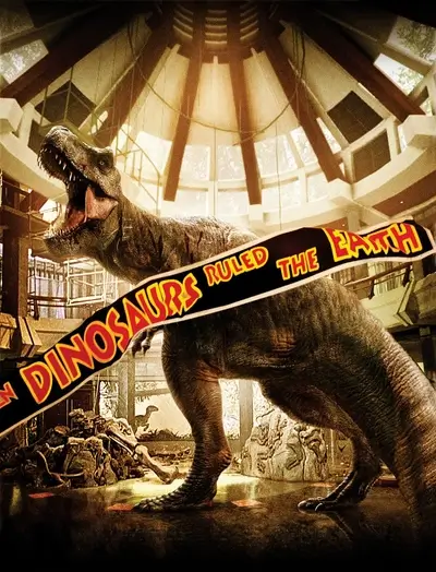 Tyrannosaurus Rex in a museum, a destroyed banner reads 'Dinosaurs Ruled the Earth'