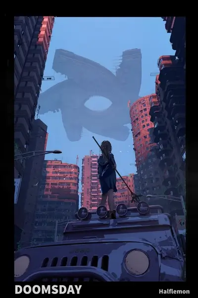 UFO hovers above a destroyed city, small child standing on a Jeep