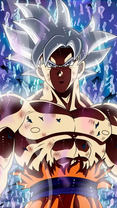 Ultra instinct Goku, strong physique, battle damage, intense energy, silver hair