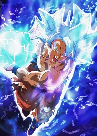 Ultra Instinct Goku unleashes fierce power, surrounded by vibrant blue energy