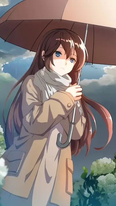 Under umbrella on a rainy day, character with brown hair and blue eyes