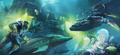 Underwater futuristic scene with aquatic creatures and divers