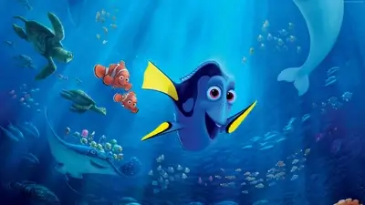 Underwater scene featuring Dory, Nemo, Marlin, Crush, Squirt, and other sea creatures
