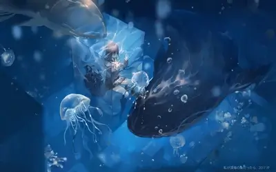 Underwater scene featuring girl in glass box with whale and jellyfish