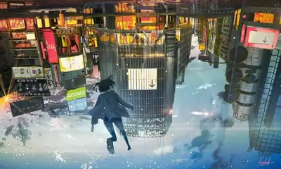 Upside-down city, girl falling from sky