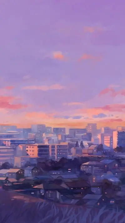 Urban skyline aglow, sunset paints building edges with ethereal light.