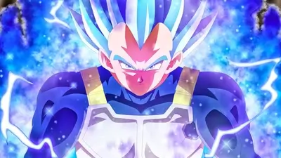 Vegeta is powering up, intense expression, blue hair, determined, battle-ready