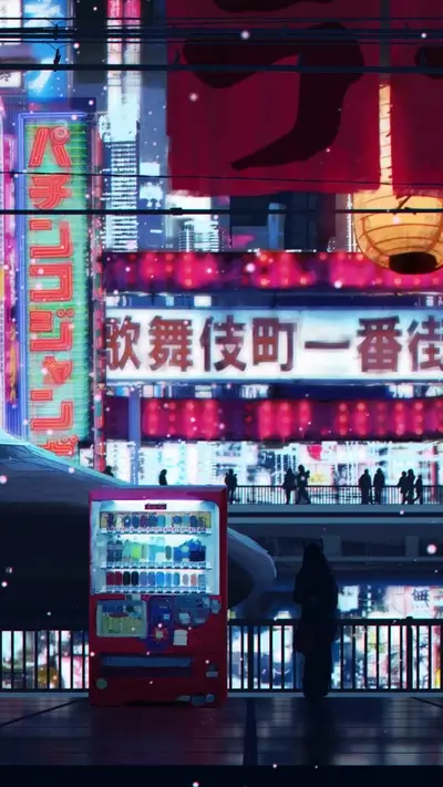 Vending machine on a snowy night in a futuristic city