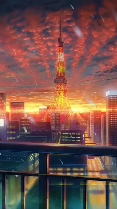 Vibrant cityscape, featuring a prominent tower under a fiery sunset with hints of falling snow