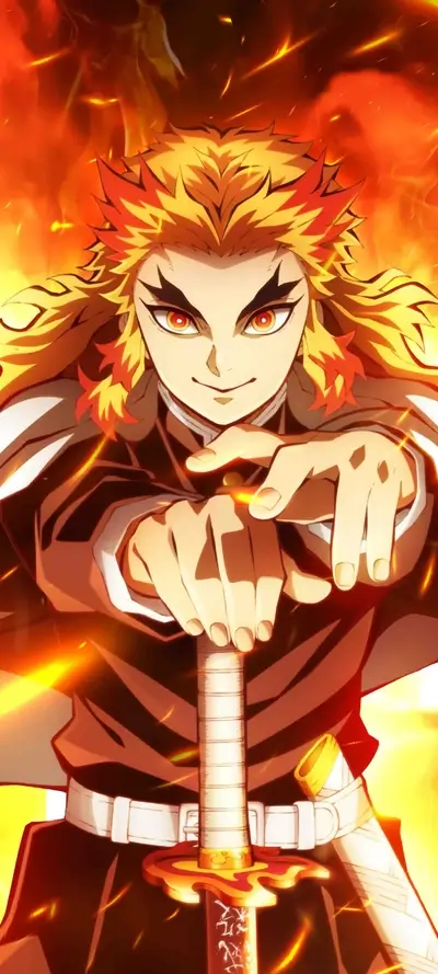Vibrant depiction of a powerful fire hashira wielding a katana surrounded by intense glowing flames