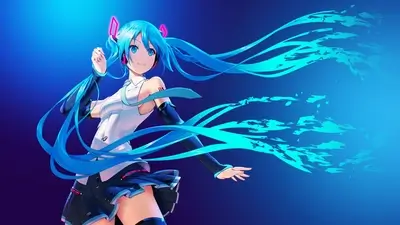 Vibrant digital art of a female character with flowing blue hair