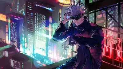 Vibrant neon cityscape at night featuring white haired character sitting high