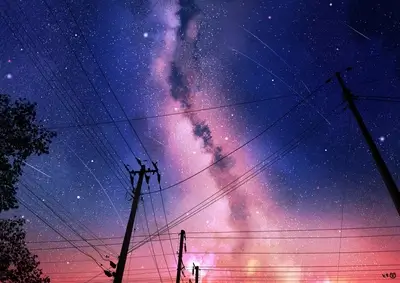 Vibrant night sky with stars and power lines, urban scene, mesmerizing view