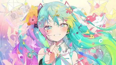 Vibrant teal pigtails decorated with flowers and stars in a bright sparkly setting