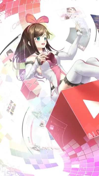 Virtual YouTuber Kizuna AI surrounded by digital screens, cubes, wearing a pink outfit.