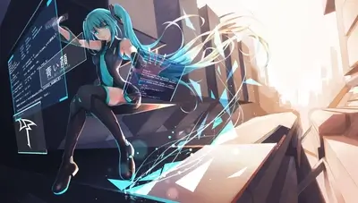 Vocaloid girl coding in a futuristic city