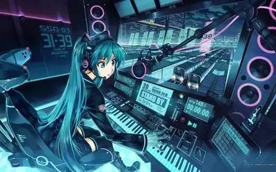 Vocaloid girl DJing in futuristic train station