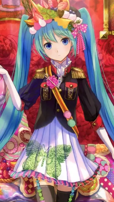 Vocaloid girl in a sweet and colorful outfit