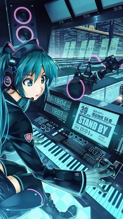 Vocaloid girl producing music in a studio
