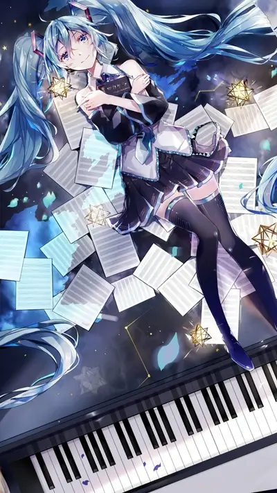 Vocaloid girl surrounded by sheet music