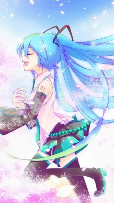 Vocaloid Hatsune Miku, eyes closed, smiling in a vibrant and airy setting