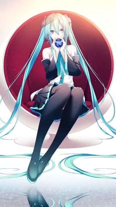 Vocaloid in a chair, holding a blue sphere