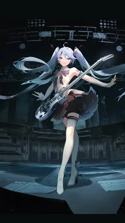 Vocaloid Miku playing electric guitar onstage, in a cool dark stage