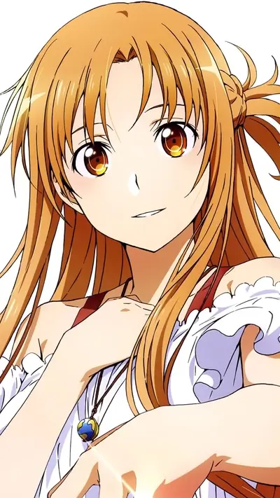 Waifu with brown eyes and light brown hair smiling, wearing necklace and white dress