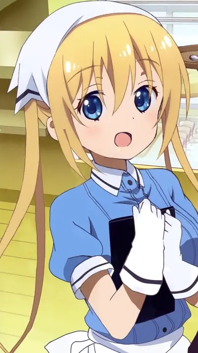 Waitress with blonde hair, blue eyes