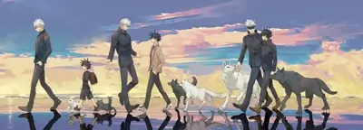 Walking figures with wolves under a sunset sky