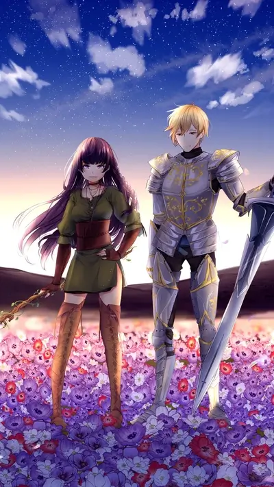Warrior and mage standing in flower field under starry sky