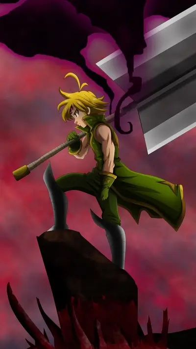 Warrior poses with huge sword on the battlefield