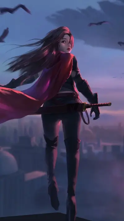 Warrior woman overlooking a city at dusk