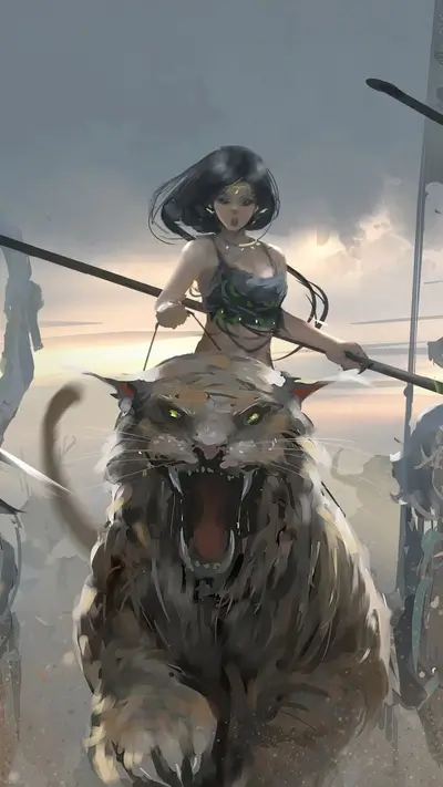 Warrior woman riding a tiger