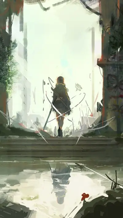 Wasteland wanderer: Figure with sword walks through post-apocalyptic ruins, hopeful light ahead