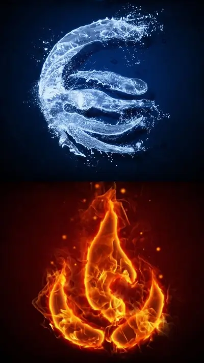 Water and fire symbols, swirling, contrasting