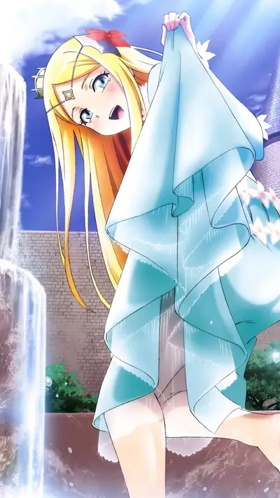 Wet dress on an anime girl near waterfall