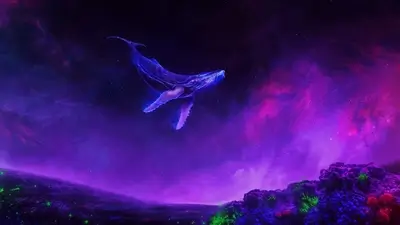 Whale soaring through a vibrant purple nebula