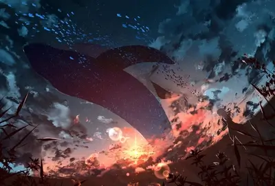 Whales flying through a colorful night sky, stars glittering above, a lone figure stands nearby