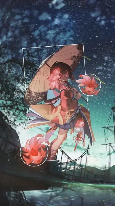 Whimsical depiction with an umbrella, fish, and stylized background