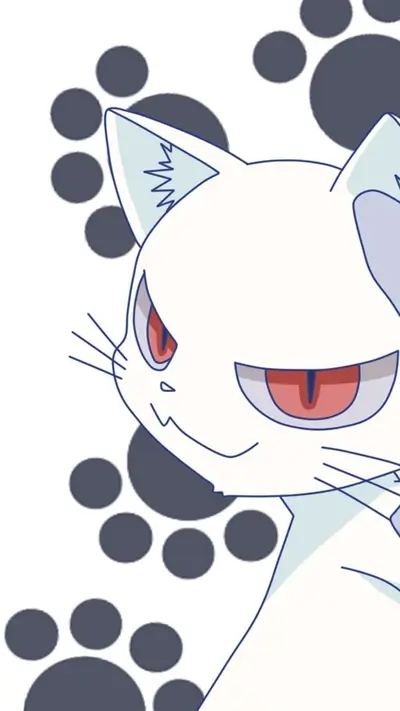 White cat with red eyes looking sly, paw prints are in background