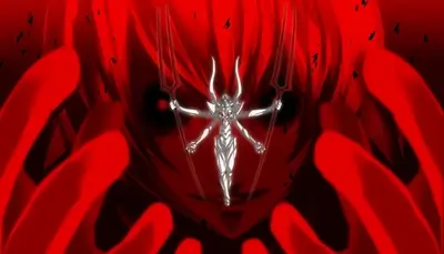 White four-armed mecha holding spears in front of red background