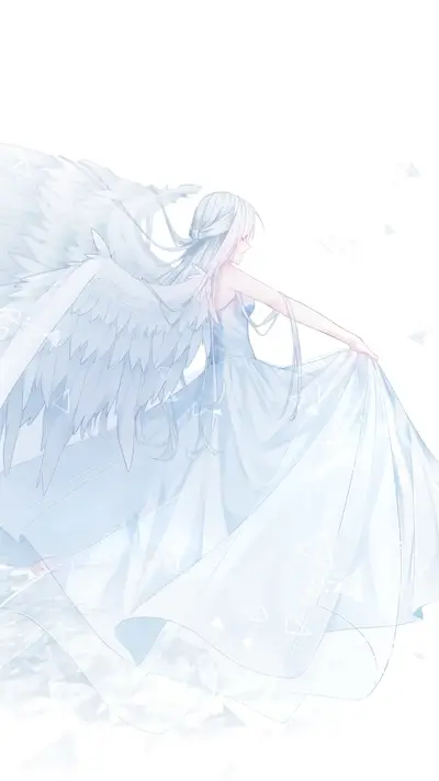 White-haired angel in flowing dress and wings, serene and ethereal.