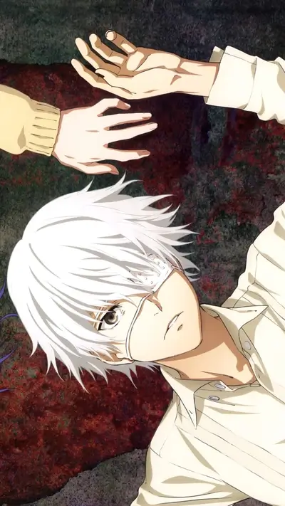 White-haired boy with a bandage, reaching hands