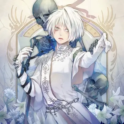 White-haired boy with skeletons and lilies