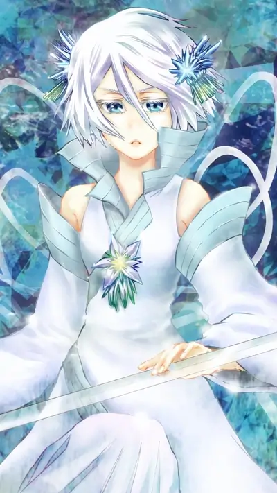 White-haired character in elaborate white and light blue outfit, wielding a sword