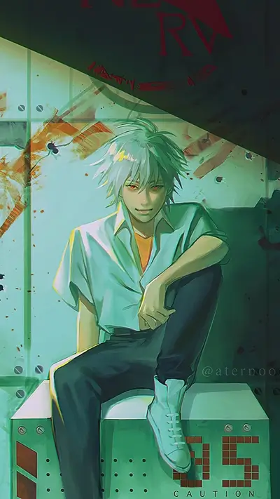 White-haired character Kaworu Nagisa sitting pensively in a surreal scene.