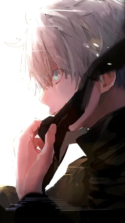White-haired character with an intense gaze, pulling down dark material