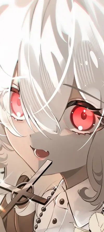 White haired character with red eyes and pale skin close-up