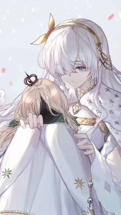 White-haired girl cradles a small figure with a dark orb face, artistic and serene
